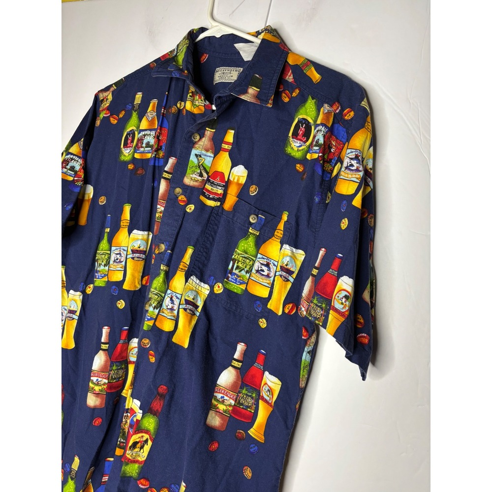 Weekender Traveler Mens Large Navy‎ Blue Beer Bottle Tropical Print Shirt M03121